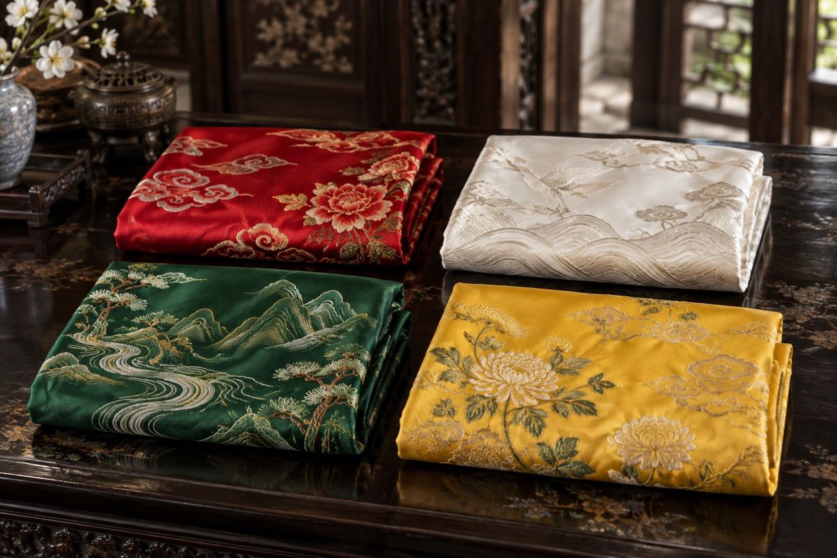 Bốn tấm vải đỏ, trắng, xanh và vàng gợi hệ màu Tứ phủ